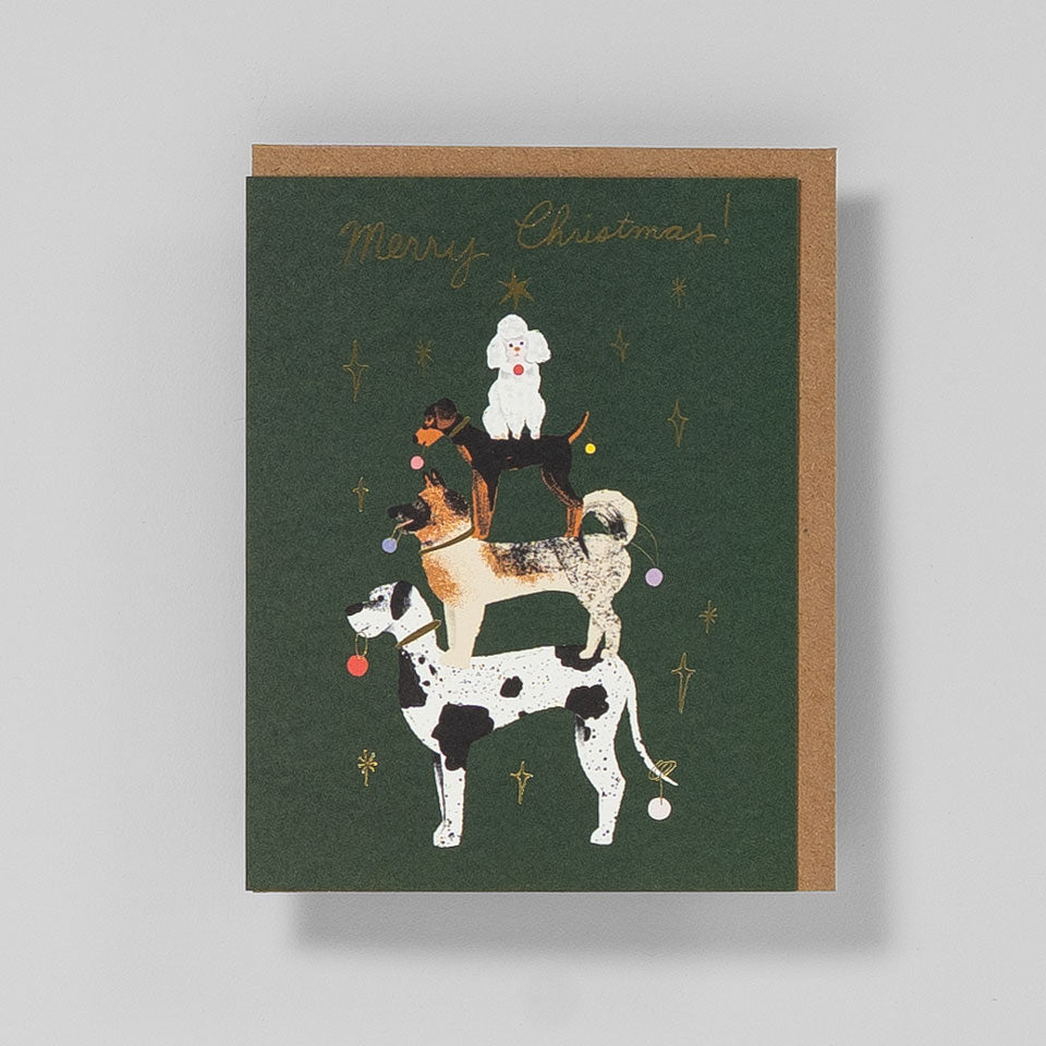1973 Weihnachtskarte Merry Christmas Hunde Pyramide – Grußkarten