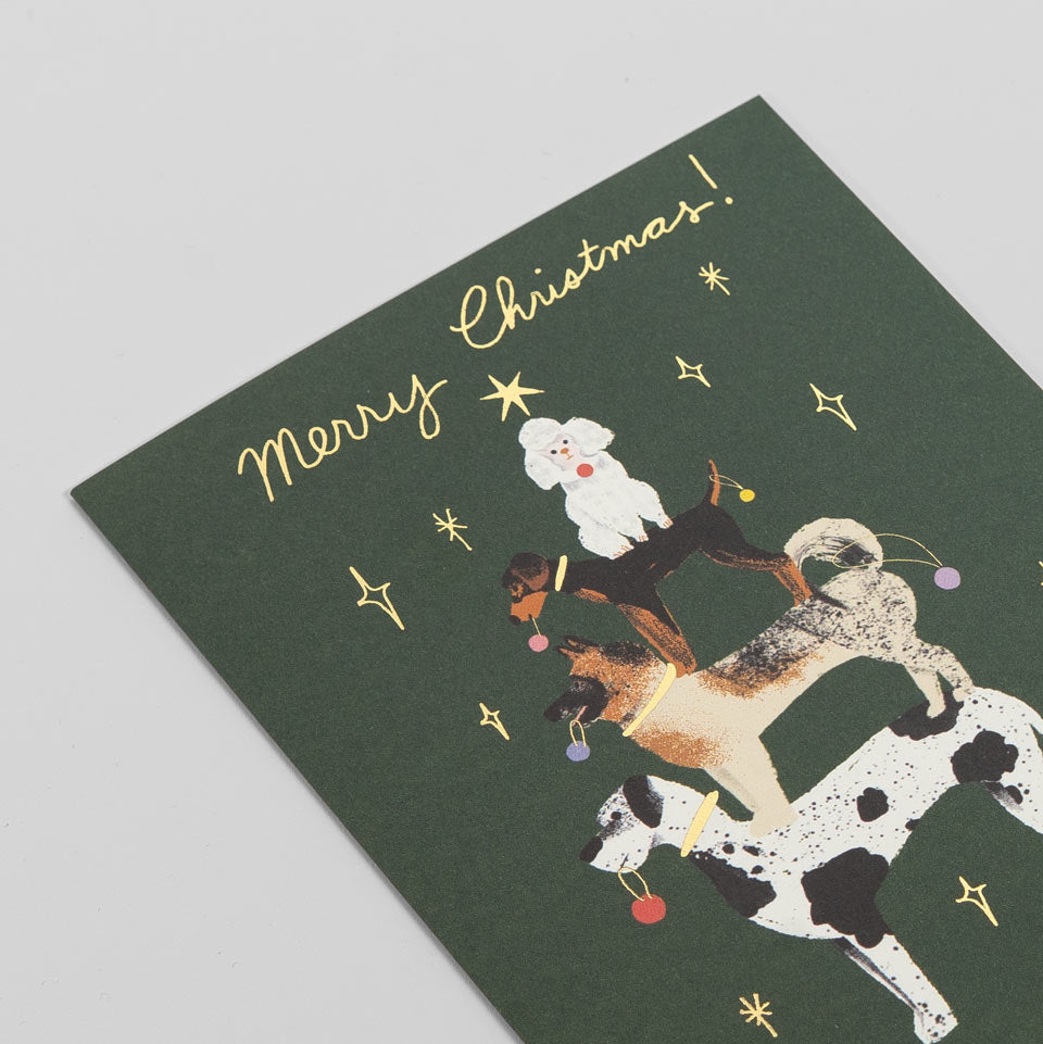 1973 Weihnachtskarte Merry Christmas Hunde Pyramide – Grußkarten