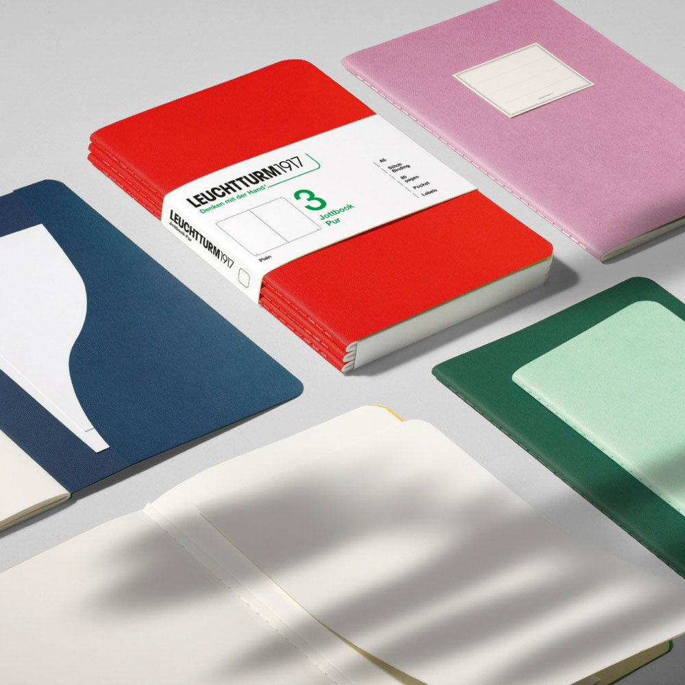 Jottbook Pur 3er Set, Übersicht Größen A5 und A6 sowie Papierarten gepunktet und blanko