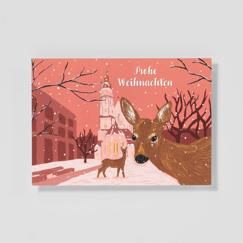 Katja Rub Weihnachtspostkarte Rehe vor der Thomaskirche – Postkarte