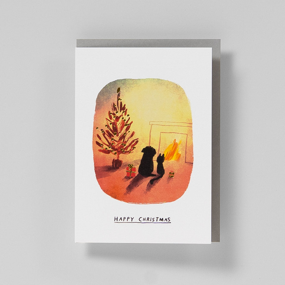 Lagom Weihnachtskarte Hund und Katze vorm Kamin – Grußkarte