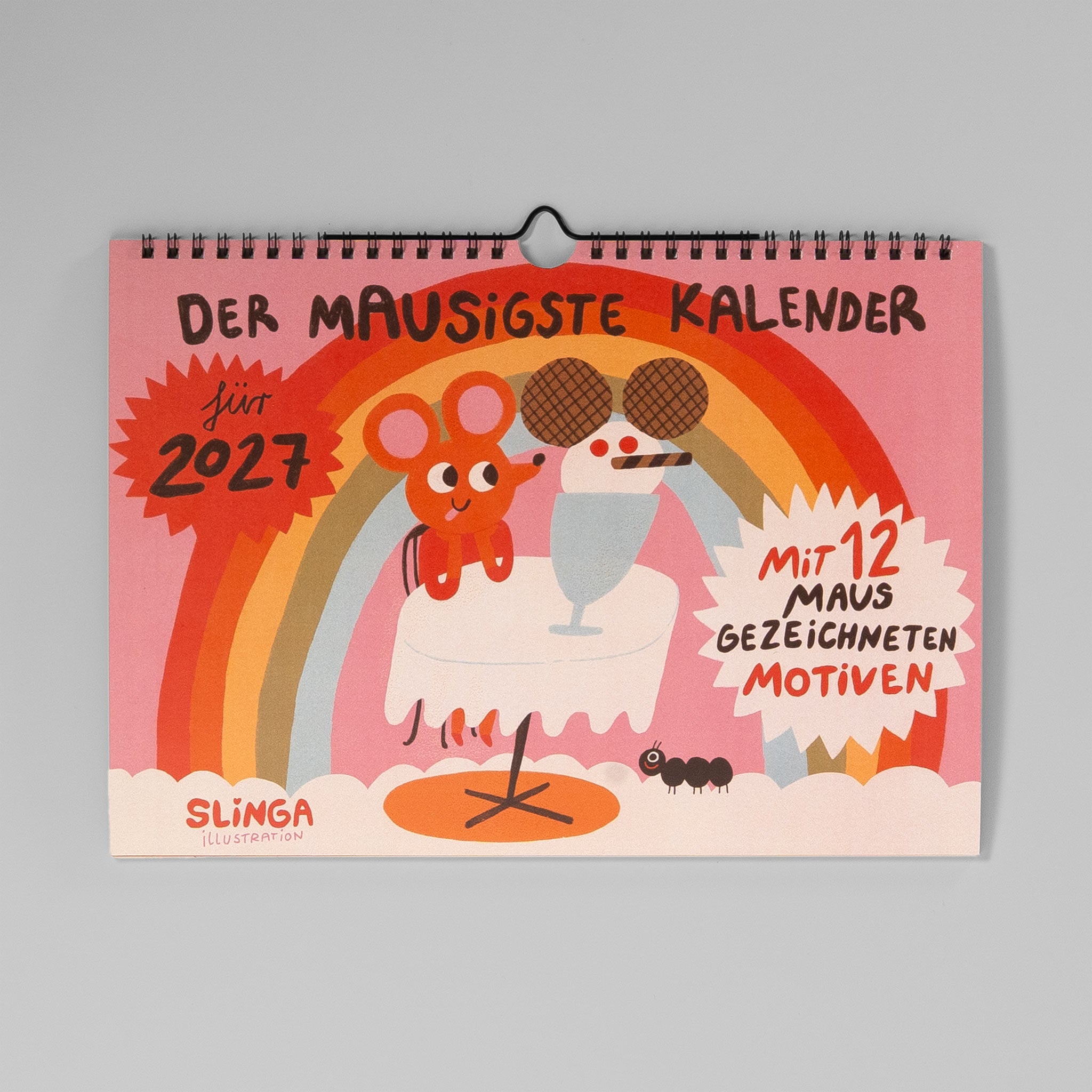 Slinga Der Mausigste Kalender für 2027 – Cover mit oranger Maus, Eisbecher und Regenbogen