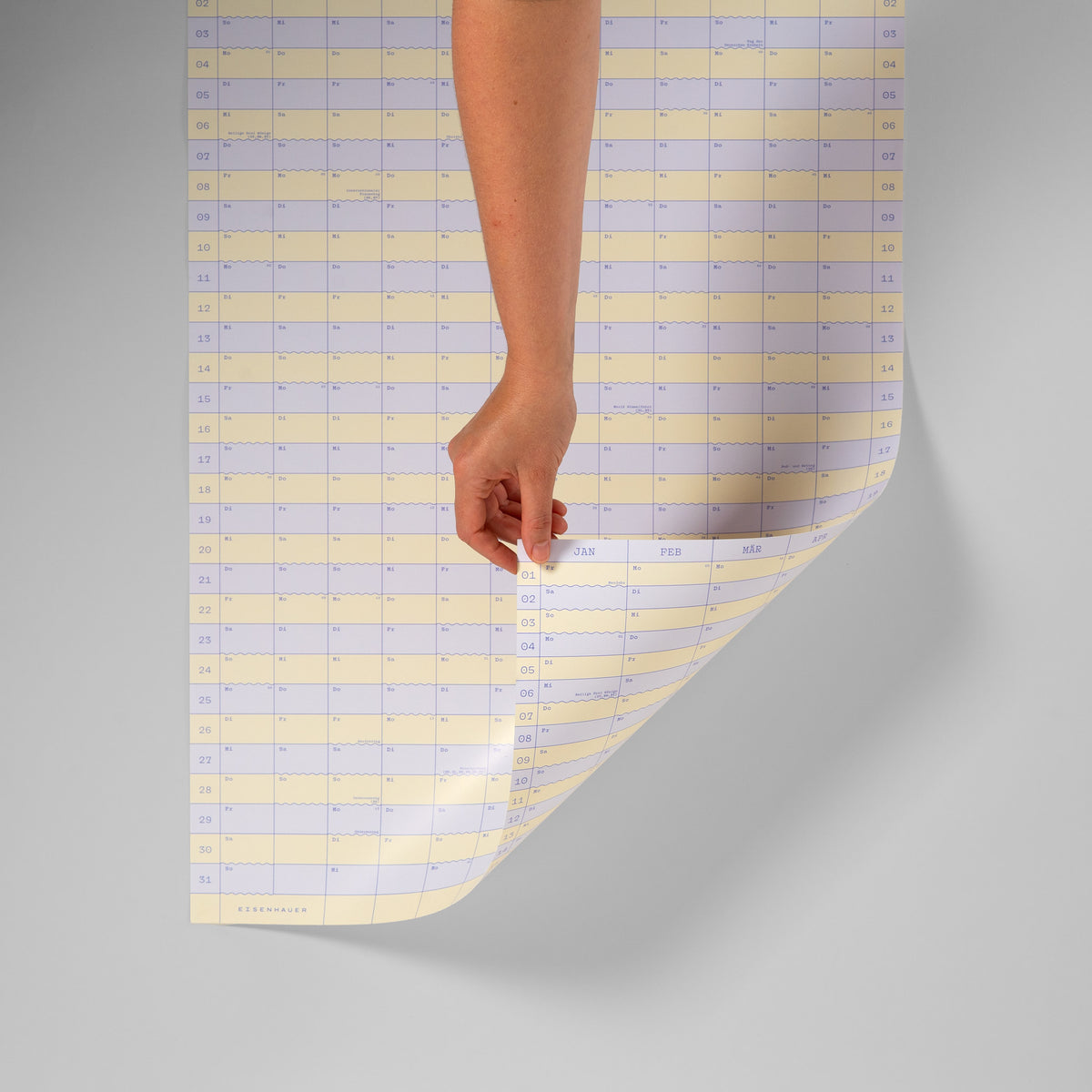 Wandkalender 2027, lila-gelb gestreift, Hochformat – Vorder- und Rückseite